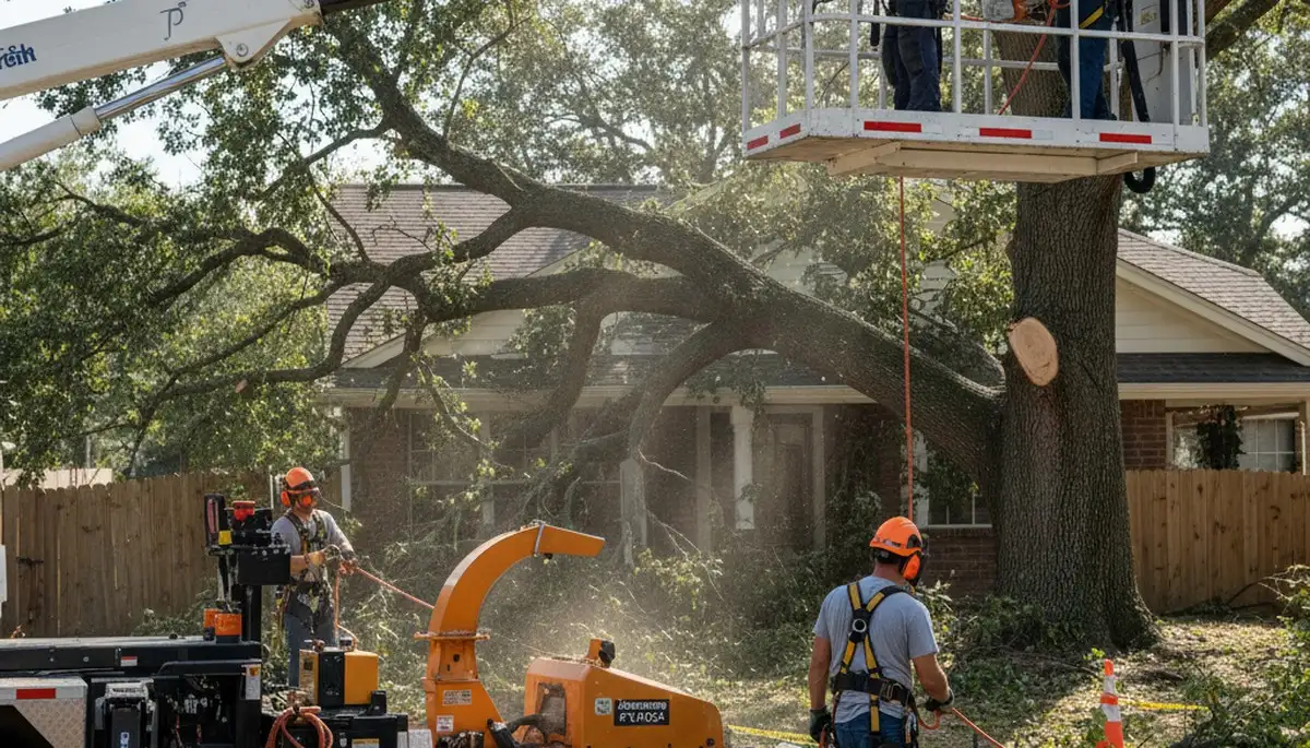 Baton Rouge, LA tree service crew removing a storm-damaged fallen tree from a property
