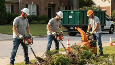 Baton Rouge tree service crew removing overgrown shrubs for safe yard clearing
