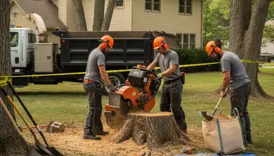 Stump removal crew clearing a yard in Baton Rouge, LA for safe, thorough stump extraction