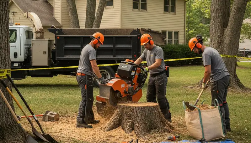 Stump removal crew clearing a yard in Baton Rouge, LA for safe, thorough stump extraction