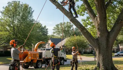 Baton Rouge tree removal crew safely removing a storm-damaged tree from a residential property
