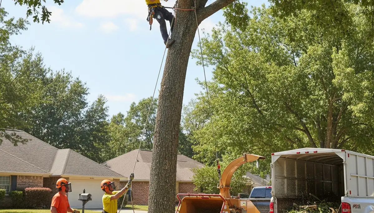 Baton Rouge tree crew removing a hazardous storm-damaged tree for safe tree removal service
