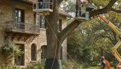 Tree service crew in Baton Rouge, LA performing professional tree removal near a home
