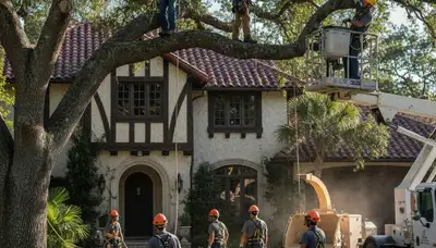 Professional tree service crew in Baton Rouge, LA removing a tree on a commercial property