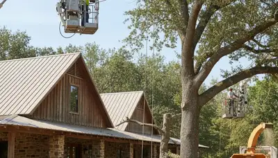 Tree service crew in Baton Rouge, LA performing professional tree removal near a home